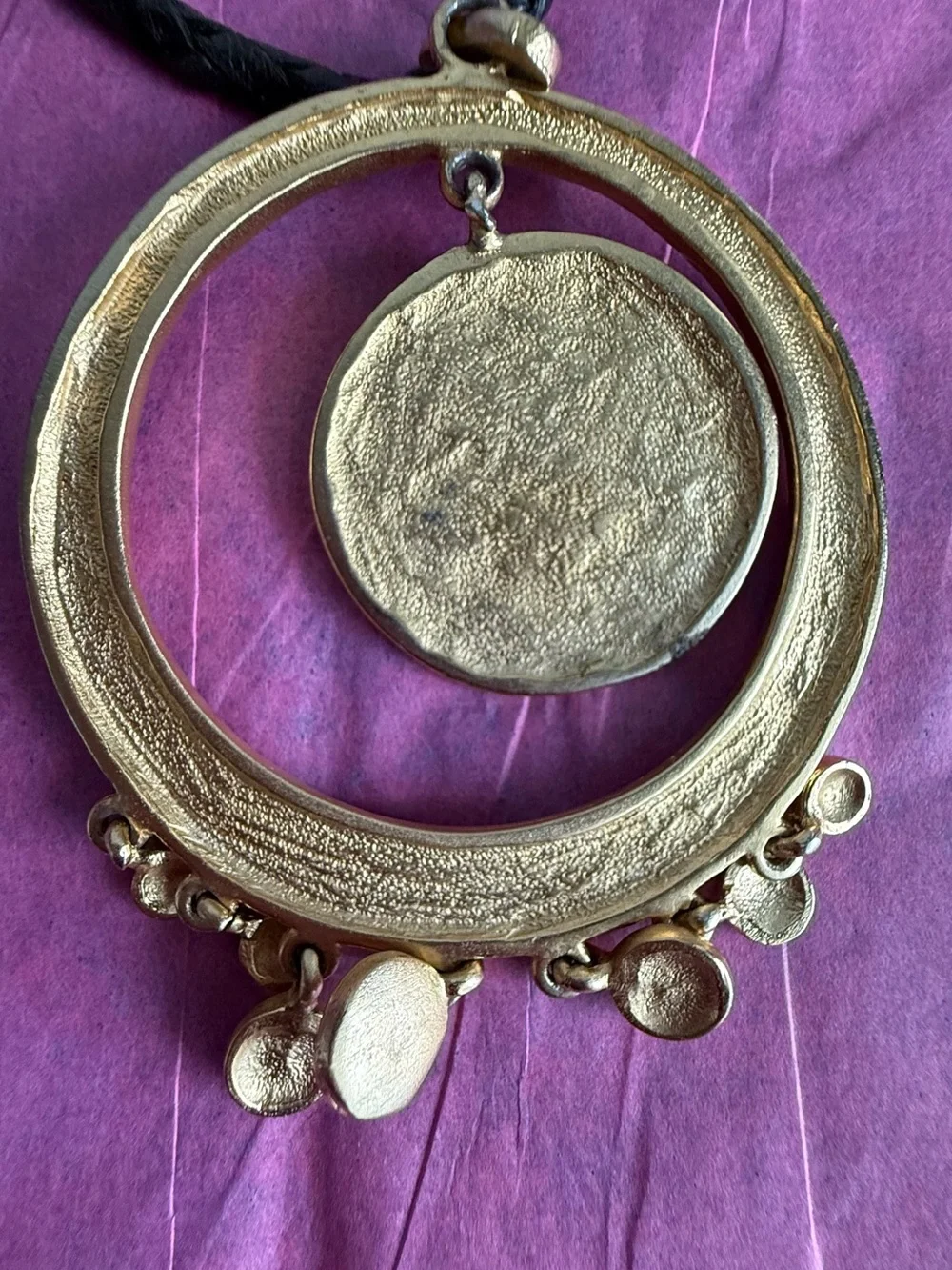 Avenue Gold-Tone Double Circle Pendant Necklace with Black Braided Cord